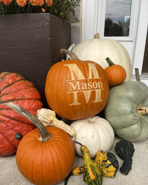Mason, engraved and set out on the porch with the harvest cluster
