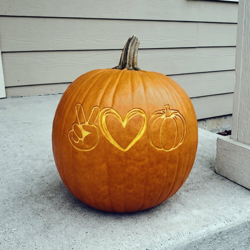 A pumpkin laser-engraved with a peace sign, a heart, and a pumpkin