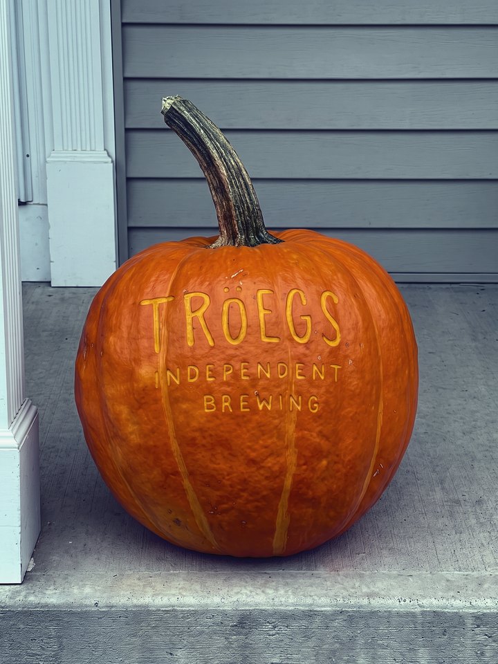 A pumpkin laser-engraved with the Troegs Independent Brewing logo